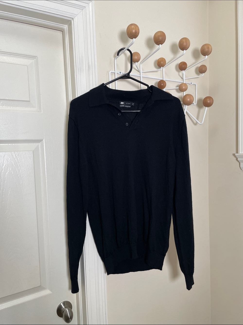 Par Simons le 31 Merino Wool Long Sleeve Polo Knit Shirt - Black - S